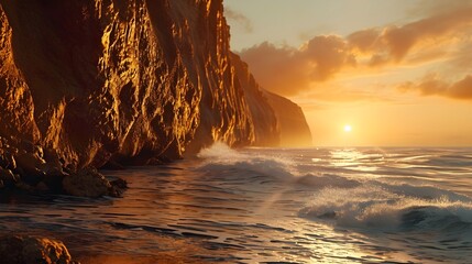 Wall Mural - Coastal Cliffs at Sunset, Dramatic cliffs along the coastline with waves crashing below, background image, generative AI