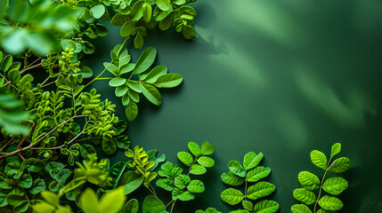 Fresh spring moringa leaves on vibrant green background with copy space, symbolizing natural wellness and herbal health concepts