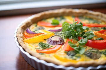 Canvas Print - close-up of a veggie quiche with vibrant bell peppers