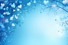  A Blue Background With A Bunch Of Hearts Hanging From The Branches Of A Tree In The Middle Of The Frame.