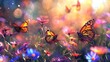 Luminous Butterfly Garden: Glowing Butterflies Fluttering Amidst Radiant Blossoms in Morning Light