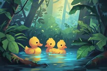 Anime Style A Few Super Cute Little Yellow Ducks Hiding In Forest Lake, Chibi Animation Style Illustration