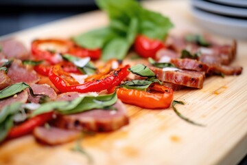 Poster - close-up of sliced sausage with roasted peppers