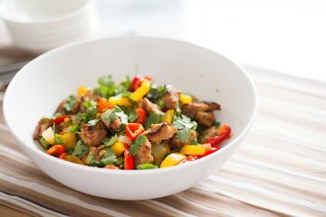 Sticker - sausage and pepper mix in a white ceramic bowl