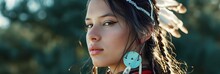 Portrait Of A Native American Sioux Indian Woman Against Nature Background, Background Image, Generative AI