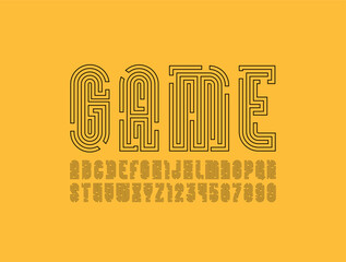 Wall Mural - Contour geometric font from thin line maze style, alphabet, gap linear labyrinth letters and numbers, vector illustrator 10 eps