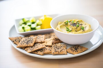 Sticker - seed crackers with a side of hummus dip, side angle