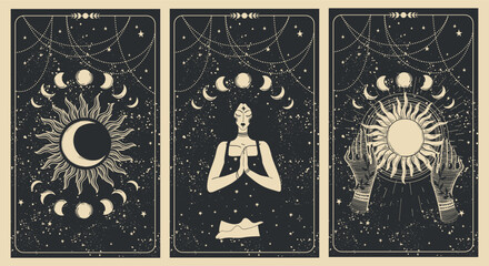 Wall Mural - Magic banner with sun, moon and meditating woman, set of tarot cards, celestial boho background for astrology, fortune telling. Flat hand drawn vector illustration.
