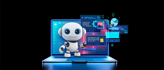 Poster - A friendly robot with digital charts and icons on a laptop interface. Interactive Robot with Digital Interface on Laptop. AI chat bot chatting with customer. Vector illustration
