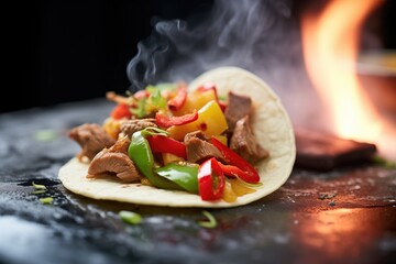 Poster - heated stone plate with sizzling fajita taco fillings, steam visible