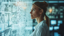 A Trial Lawyer Business Woman In Office Scrutinizes Looking A Large Flowchart Screen On The Wall, Technology Strategy Concept