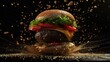 A tantalizing burger with fresh ingredients , surrounded by a dynamic spray of sesame seeds on a dark background, generative ai