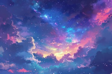 anime sky at night with a beautiful clouds and colorful image of universe