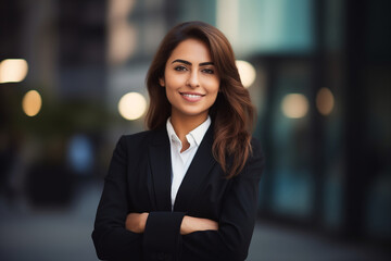 Wall Mural - Confident Hispanic business woman standing outside an office building. Portrait of smiling professional businesswoman on blur office building background. Professional manager in suit