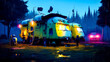 Couple of yellow trailers parked next to each other in forest at night