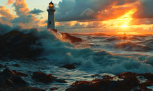 Dramatic Scene Of A Lighthouse Standing Resilient Against Tumultuous Sea Waves Under A Stormy Sky At Sunset, Symbolizing Guidance And Safety
