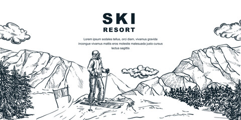 ski resort banner. skier on slope vector hand drawn sketch illustration. winter background with moun