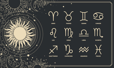 Wall Mural - Horoscope banner with 12 zodiac sign symbols on mystical black background with sun, mystical poster, magic cover. Vector illustration.