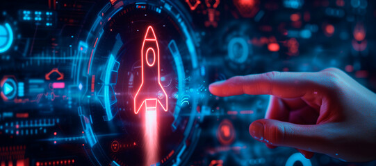 Wall Mural - a hand touching a rocket. How to improve web search engine ranking?, in the style of a futuristic spaceship design. online connectivity concept. business positioning. web sector. Red and blue