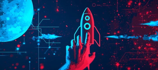 Wall Mural - a hand touching a rocket. How to improve web search engine ranking?, in the style of a futuristic spaceship design. online connectivity concept. business positioning. web sector. Red and blue