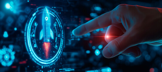 Wall Mural - a hand touching a rocket. How to improve web search engine ranking?, in the style of a futuristic spaceship design. online connectivity concept. business positioning. web sector. Red and blue