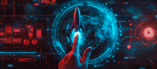 Wall Mural - a hand touching a rocket. How to improve web search engine ranking?, in the style of a futuristic spaceship design. online connectivity concept. business positioning. web sector. Red and blue