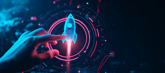 Wall Mural - a hand touching a rocket. How to improve web search engine ranking?, in the style of a futuristic spaceship design. online connectivity concept. business positioning. web sector. Red and blue