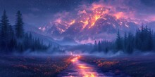 A Breathtaking Night Landscape With Starry Skies, Moonlight And Misty Mountains Creating A Magical Scene.