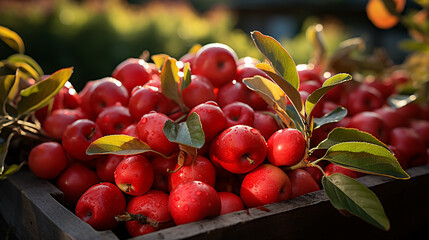 Wall Mural - Harvest collecting on the morning, red apples in a basket with wet looking and  water drops on it 