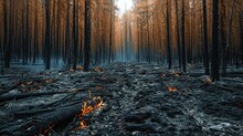 The Smoldering Remains Of A Forest Post-fire, With Lingering Flames And A Haunting Atmosphere, Depict The Devastating Impact Of Wildfires.