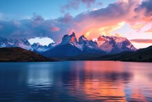 Scenic View Of Lake By Mountains Against Sky During Sunset,Torres Del Paine,Chile