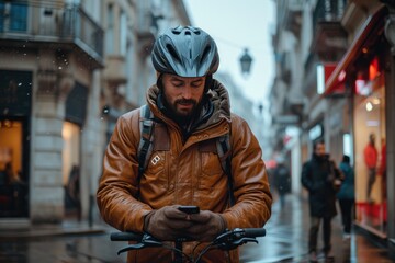 Canvas Print - male cyclist sitting outdoors and holding smartphone.