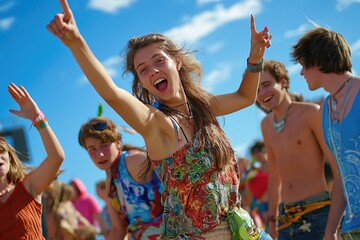 Teenagers goofing around at summer music festival.