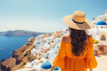 Wall Mural - Happy female traveller enjoying, travel, relax, have fun, holiday in Oia, Santorini Greece. Carefree girl tourist relaxing in the sun. Travel around Europe.
