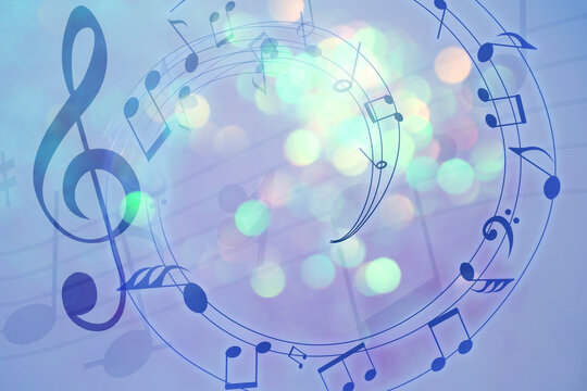 Music notes swirling on light blue background with blurred lights, bokeh effect