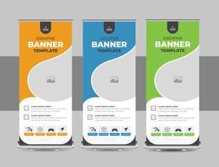 Wall Mural - creative corporate roll up banner design, vertical template vector layout, modern standee or flag ba