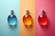 Trio of Perfume Bottles on Gradient Background.
Three elegant perfume bottles in blue, orange, and red hues against a tri-color gradient backdrop.
