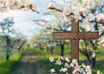 Canvas Print - spring flowers and holy cross, a Christian symbol