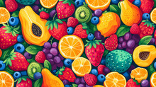 Fruit Doodle Background. Fruit Drawing Including Apple, Orange, Berry, Strawberry, Pineapple.