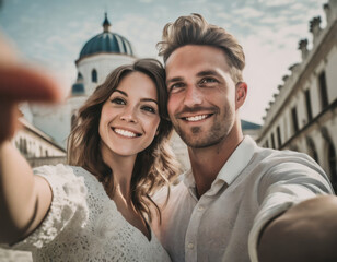 Canvas Print - Smiling Couple Captures Happy Travel Moments