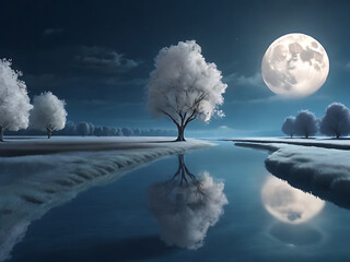 At night, on a plain, a water channel, two white trees and the full moon., cinematic, 3d render, vibrant, conceptual art, illustration, photo generative ai