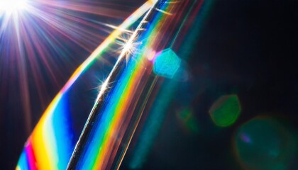 Wall Mural - lens flare abstract bokeh lights leaking reflection of a glass diamond crystal jewelry defocused shining colorful rainbow light leaks rays on black background