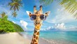 funny giraffe with sunglasses on the tropical beach travel background with silly animal on summer holiday
