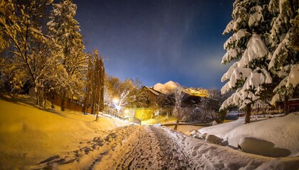 Wall Mural - beautiful winter night landscape with snow covered