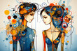 Two abstract figures of young women. Colorful artistic profiles in a modern style with geometric elements. The concept of femininity, the inner world of a modern woman