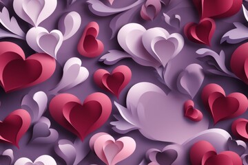 Wall Mural - Seamless pattern Paper hearts on purple background. Valentines day concept.