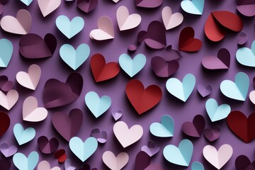 Poster - Seamless pattern Paper hearts on purple background. Valentines day concept.