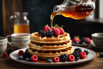Plate of waffles and mix berries with maple syrup being poured. Generative AI.