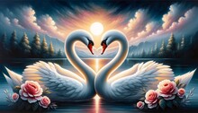 Twilight Serenity: Swans Forming Heart On Lake