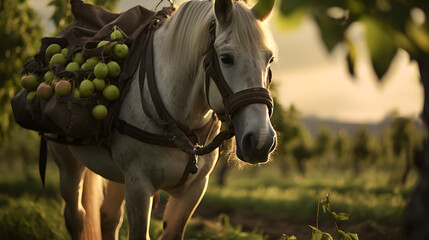 Wall Mural - Pack horse carrying apples in an orchard with sunset. Concept of food transportation, logistics and cargo.